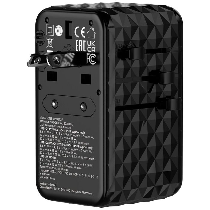 Verbatim CNT-02 Adaptateur de Voyage Universel GaN III 85W avec Câble USB-C Rétractable, 6 Ports de Charge (US/UK/EU/AUS), Noir