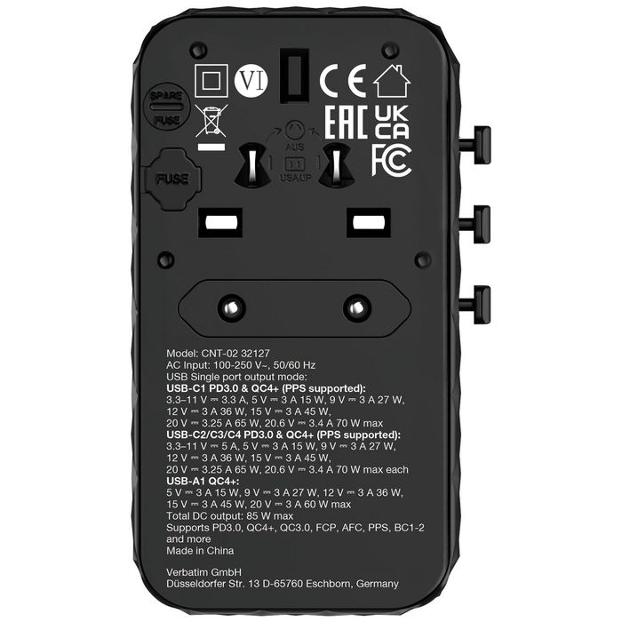 Verbatim CNT-02 Adaptateur de Voyage Universel GaN III 85W avec Câble USB-C Rétractable, 6 Ports de Charge (US/UK/EU/AUS), Noir