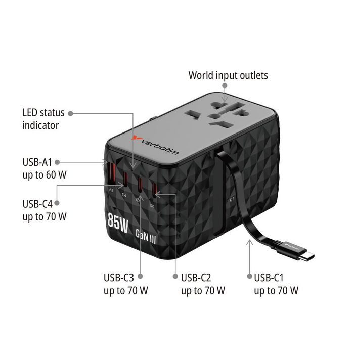 Verbatim CNT-02 Adaptateur de Voyage Universel GaN III 85W avec Câble USB-C Rétractable, 6 Ports de Charge (US/UK/EU/AUS), Noir