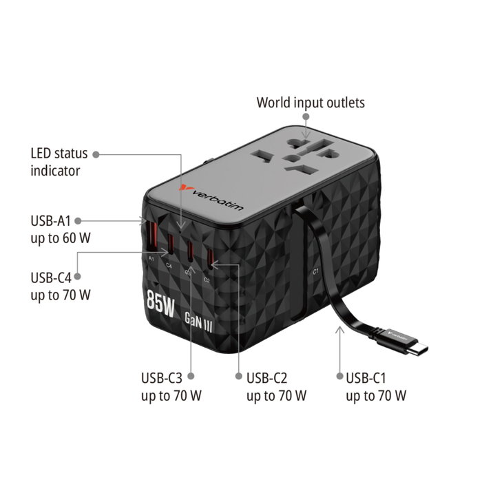 Verbatim Charge 'n' Travel Diamond 85W avec câble rétractable CNT-02 Verbatim Charge 'n' Travel Diamond 85W avec câble rétractable CNT-02
