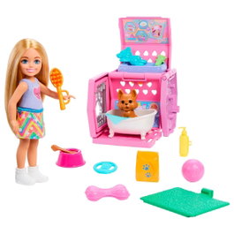Barbie Muñeca Chelsea Con Perro Y Transportin Jdf89 - Poupée Chelsea avec Chiot et Caisse de Transport Transformable, Jouets et Accessoires pour Chiens, Cheveux Blonds
