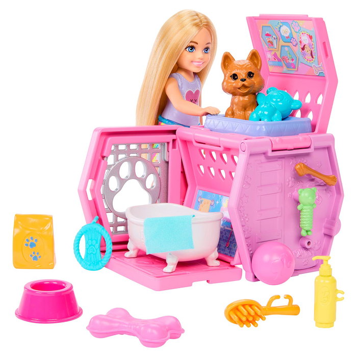Barbie Muñeca Chelsea Con Perro Y Transportin Jdf89 - Poupée Chelsea avec Chiot et Caisse de Transport Transformable, Jouets et Accessoires pour Chiens, Cheveux Blonds