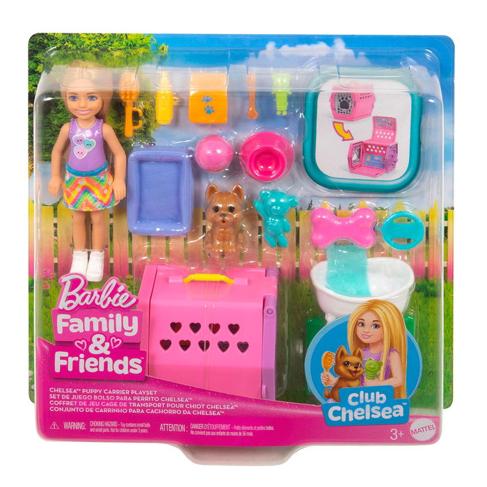 Barbie Muñeca Chelsea Con Perro Y Transportin Jdf89 - Poupée Chelsea avec Chiot et Caisse de Transport Transformable, Jouets et Accessoires pour Chiens, Cheveux Blonds