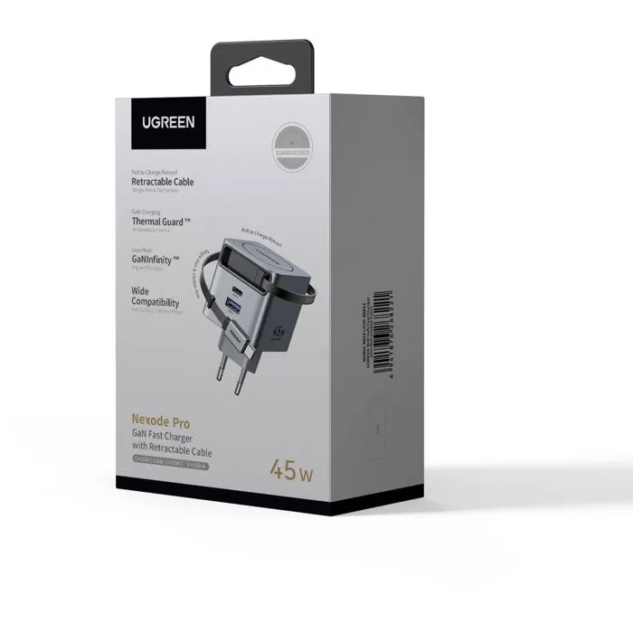 UGREEN Chargeur Secteur 65W avec Câble Intégré Réversible - USB-C PD et USB-A - Pour Smartphone, Tablette, Ordinateur Portable - Compact et Sécurisé