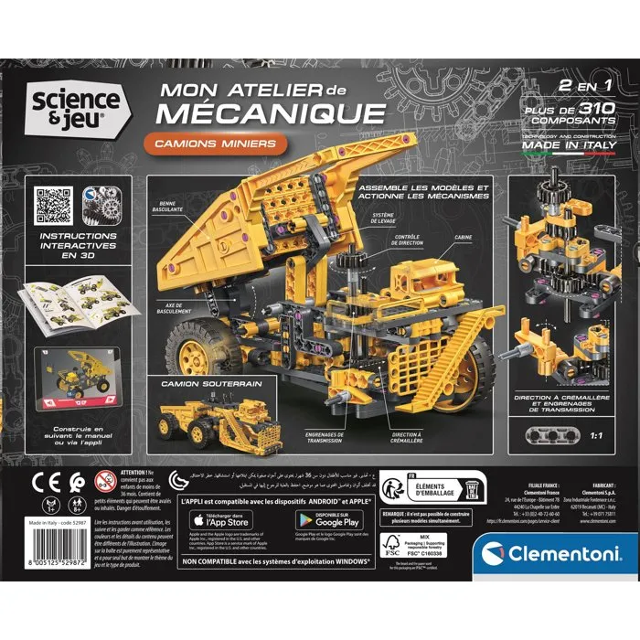 CLEMENTONI - Mon Atelier Mécanique - Camion Minier - 2 Modèles à Assembler avec Direction et Benne Basculante Fonctionnelles - Jeu de Construction - Dès 8 ans