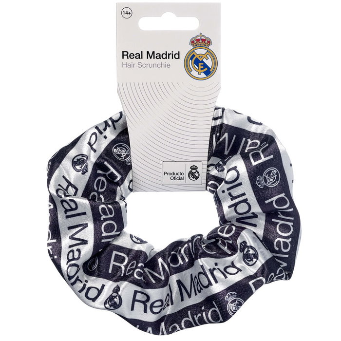 Real Madrid Coletero Élastique pour Cheveux - Accessoire Officiel en Polyester avec Écusson et Nom du Club - Blanc et Noir