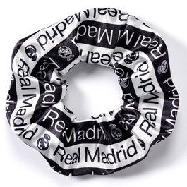 Real Madrid Coletero Élastique pour Cheveux - Accessoire Officiel en Polyester avec Écusson et Nom du Club - Blanc et Noir