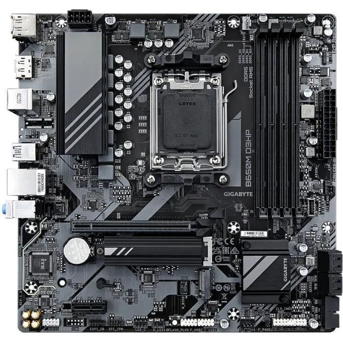 Gigabyte Carte mère B650M D3HP Socket AM5 DDR5 jusqu'à 7600 MHz, 2.5 GbE LAN, PCIe 4.0 M.2, USB 3.2 Gen 1 - Pour AMD Ryzen 7000/8000/9000