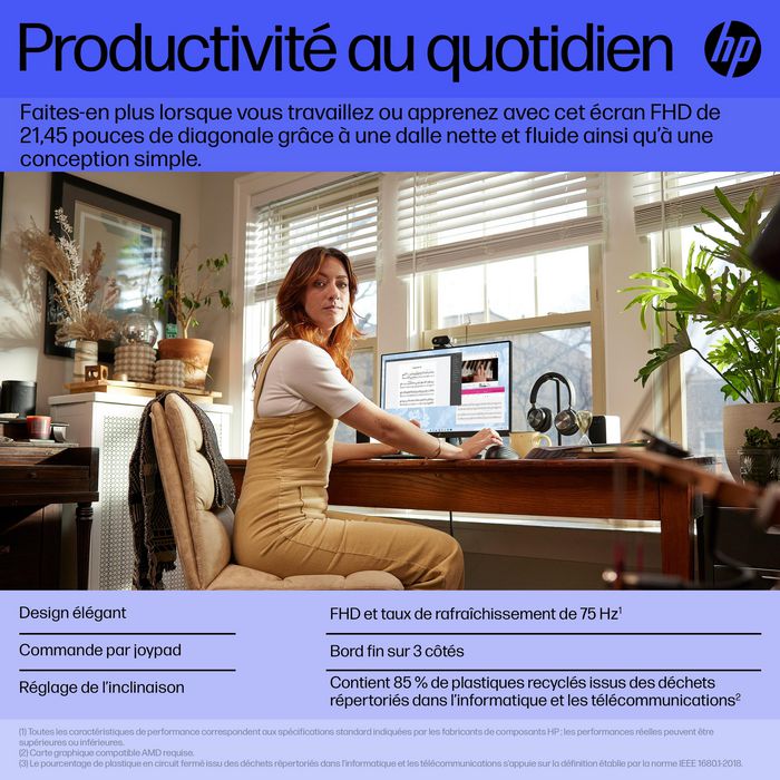 HP Écran V22v G5 54.5 cm (21.45") Full HD 75 Hz avec AMD FreeSync™ et gestion des câbles - Écran pour productivité HP Écran V22v G5 54.5 cm (21.45") Full HD 75 Hz avec AMD FreeSync™ et gestion des câbles - Écran pour productivité