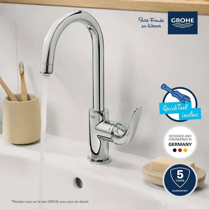 Grohe 24330001 Mitigeur de Lavabo Monocommande GROHE Swift Chromé Bec Haut Pivotant 360° avec Économie d'Eau - Inclus Vidage