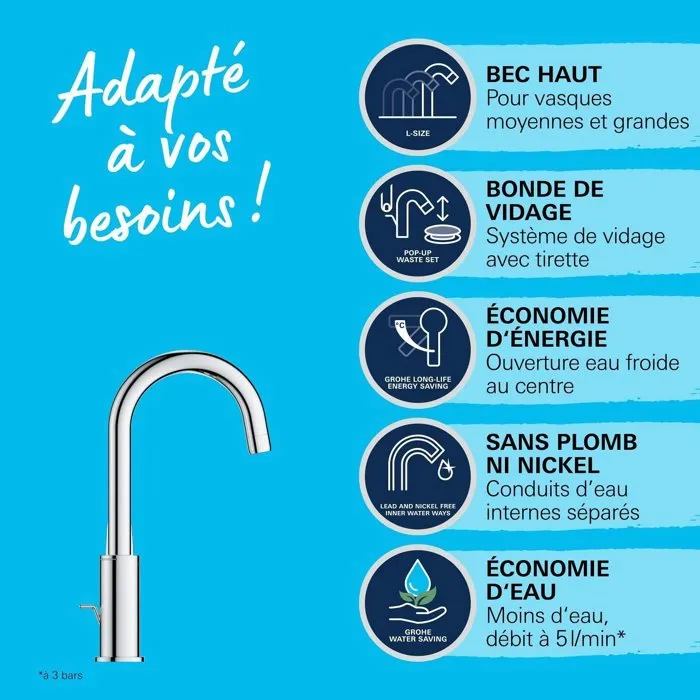 Grohe 24330001 Mitigeur de Lavabo Monocommande GROHE Swift Chromé Bec Haut Pivotant 360° avec Économie d'Eau - Inclus Vidage