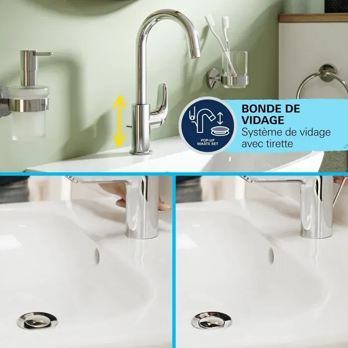 Grohe 24330001 Mitigeur de Lavabo Monocommande GROHE Swift Chromé Bec Haut Pivotant 360° avec Économie d'Eau - Inclus Vidage