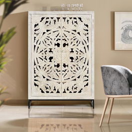 GINER Y COLOMER Vitrina - Buffet 2 portes en bois de manguier massif avec finition blanc vieilli et pieds métal noir, 160 x 110 x 40 cm