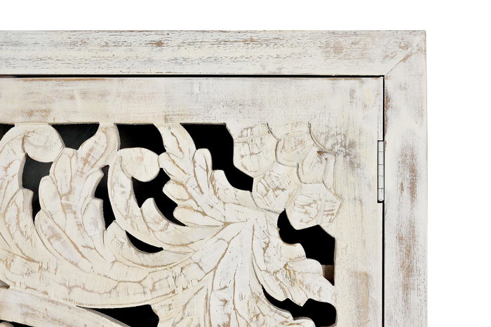 GINER Y COLOMER Vitrina - Buffet 2 portes en bois de manguier massif avec finition blanc vieilli et pieds métal noir, 160 x 110 x 40 cm