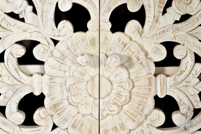 GINER Y COLOMER Vitrina - Buffet 2 portes en bois de manguier massif avec finition blanc vieilli et pieds métal noir, 160 x 110 x 40 cm
