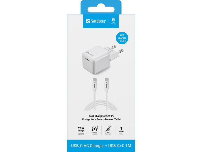 Sandberg Chargeur USB-C 20W avec câble USB-C vers USB-C