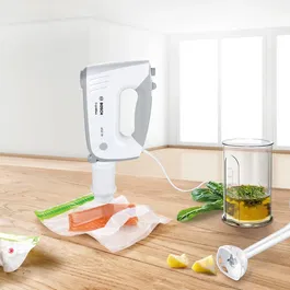 Bosch MFQ364V0 ErgoMixx - Batteur Mélangeur 3-en-1 avec Système de Mise sous Vide, 450 W, 5 Vitesses + Turbo, Accessoires Inox, Blanc/Gris