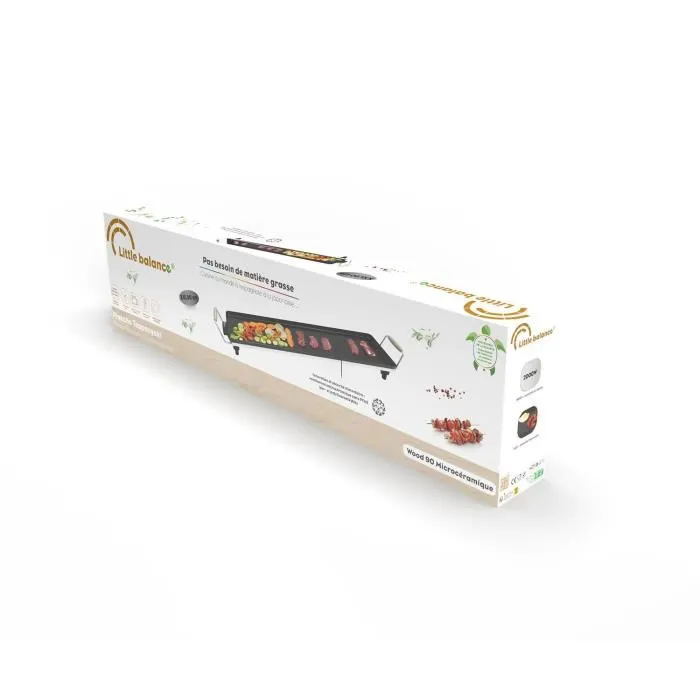 Little Balance Plancha électrique Wood 90 - Surface de cuisson 90 x 23 cm, 2000W, revêtement anti-adhésif sans PFAS, thermostat réglable, poignées en bois