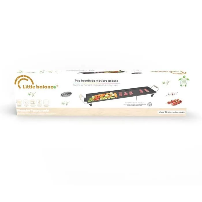 Little Balance Plancha électrique Wood 90 - Surface de cuisson 90 x 23 cm, 2000W, revêtement anti-adhésif sans PFAS, thermostat réglable, poignées en bois