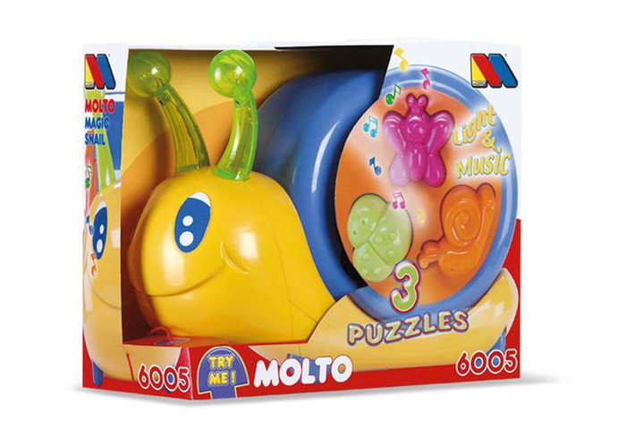 Molto - Jouet d'éveil à tirer escargot empilable avec musique et lumières, fonctionne avec piles (incluses), âge recommandé 1 an et plus, 26 cm