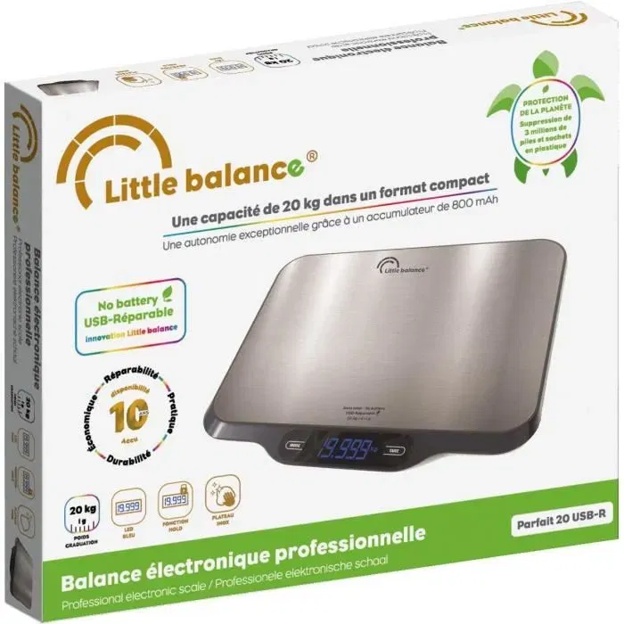 Little Balance Balance Cuisine Professionnelle Parfait 20, Capacité 20 kg Précision 1 g, Écran Incliné LED, Recharge USB, Réparable