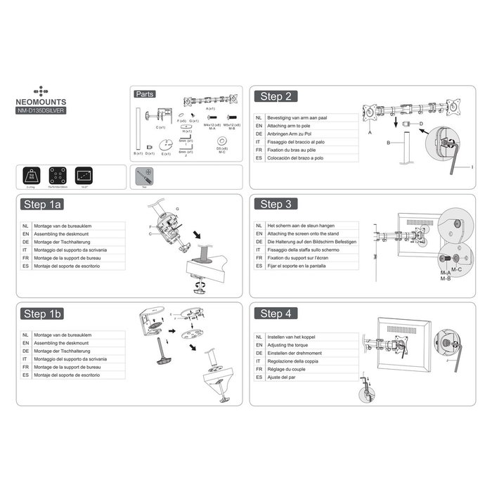 Neomounts NM-D135DSILVER Support de TV de bureau 10-27 pouces Argenté