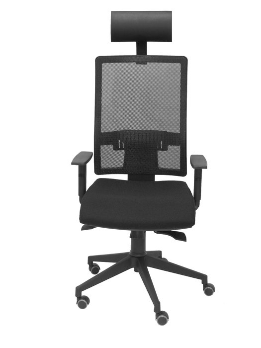Silla de oficina Horna con mecanismo Sincro tapizada con Tela color Negro. Equipada con lumbar 1D, Brazos 1D, Cabecero Fijo y Ruedas de parqué