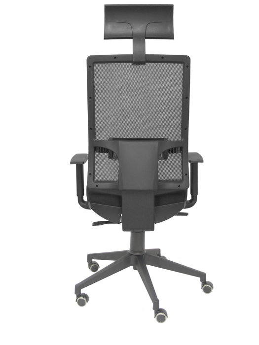Silla de oficina Horna con mecanismo Sincro tapizada con Tela color Negro. Equipada con lumbar 1D, Brazos 1D, Cabecero Fijo y Ruedas de parqué