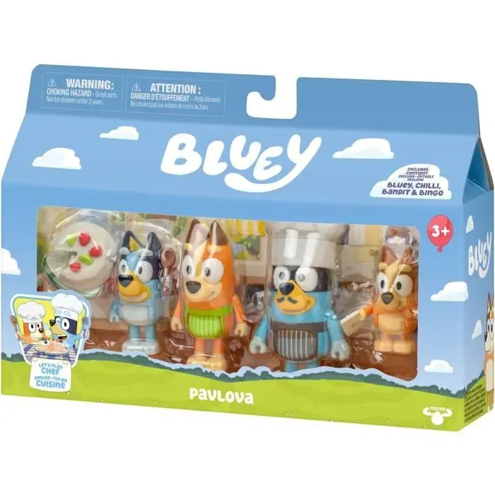 Bluey - Pack de 4 Figurines - La Famille en Cuisine - Inclut Bluey, Bingo, Bandit, Chilli et Accessoires dont la Pavlova