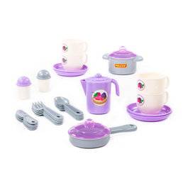 Polesie Set de cuisine pour enfants Wader 80196, 27 pièces en plastique, vaiselle pour 4 personnes (tasses, assiettes, couverts, ustensiles), à partir de 3 ans