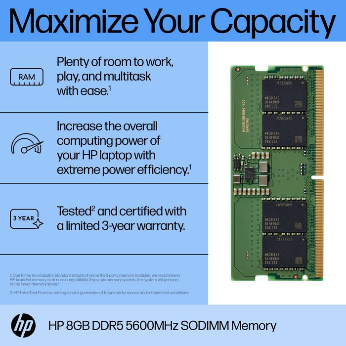 HP - Module de mémoire SODIMM DDR5 8 Go 5600 MHz pour ordinateur portable PC - Barrette RAM PC portable HP