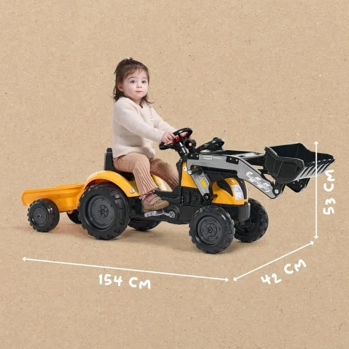 FALK Tracteur à pédales Mighty Builder avec remorque - Jaune - Jouet fabriqué en France - 50% plastique recyclé - À partir de 2 ans