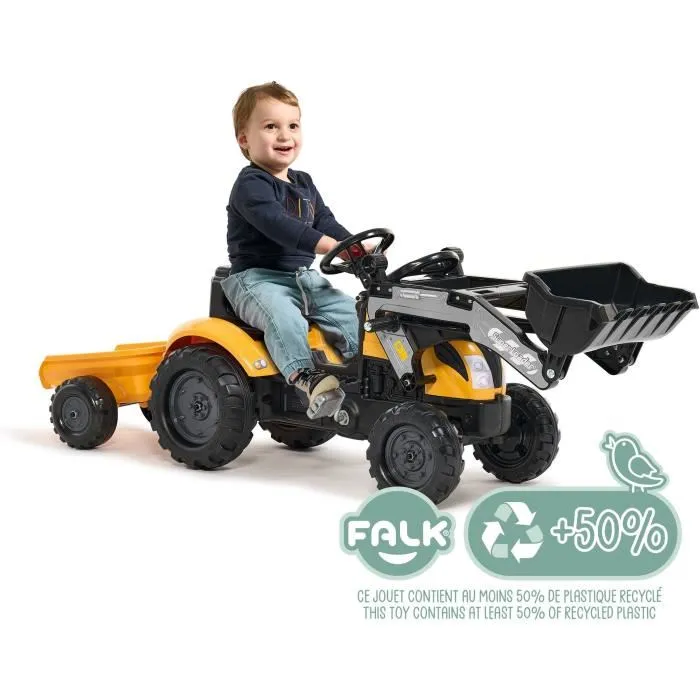 FALK Tracteur à pédales Mighty Builder avec remorque - Jaune - Jouet fabriqué en France - 50% plastique recyclé - À partir de 2 ans