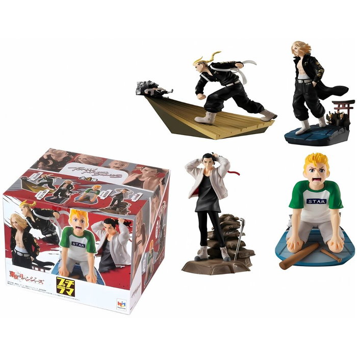 MEGAHOUSE - Expositor avec 4 figurines Petitrama Tokyo Revengers Série Toman Scènes Héroïques 8 cm en PVC