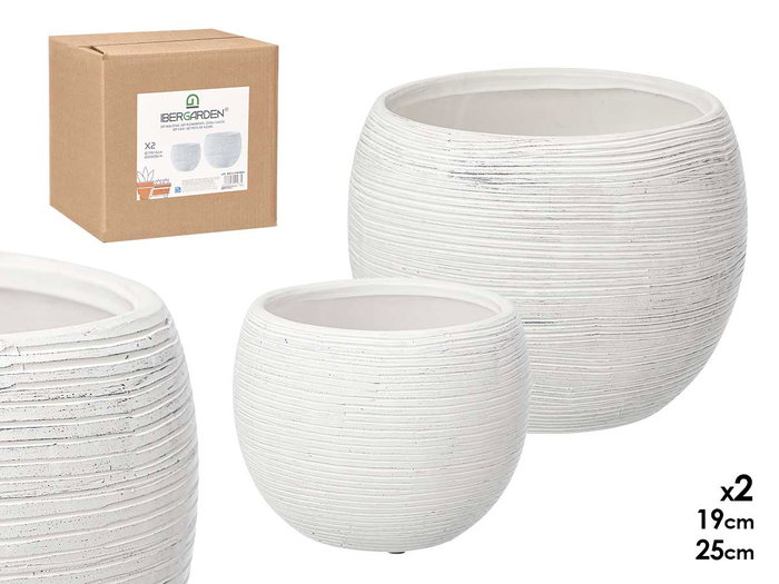 Ibergarden Lot de 2 pots rayés blanc 19 et 25 cm en céramique (Set de 2) Ibergarden Lot de 2 pots rayés blanc 19 et 25 cm en céramique (Set de 2)