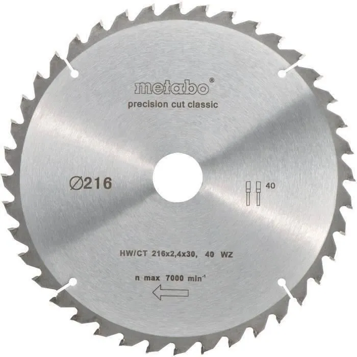 Metabo Lame de scie circulaire HW/CT 216 mm, 40 dents, pour bois massif, stratifié, MDF et panneaux Metabo Lame de scie circulaire HW/CT 216 mm, 40 dents, pour bois massif, stratifié, MDF et panneaux