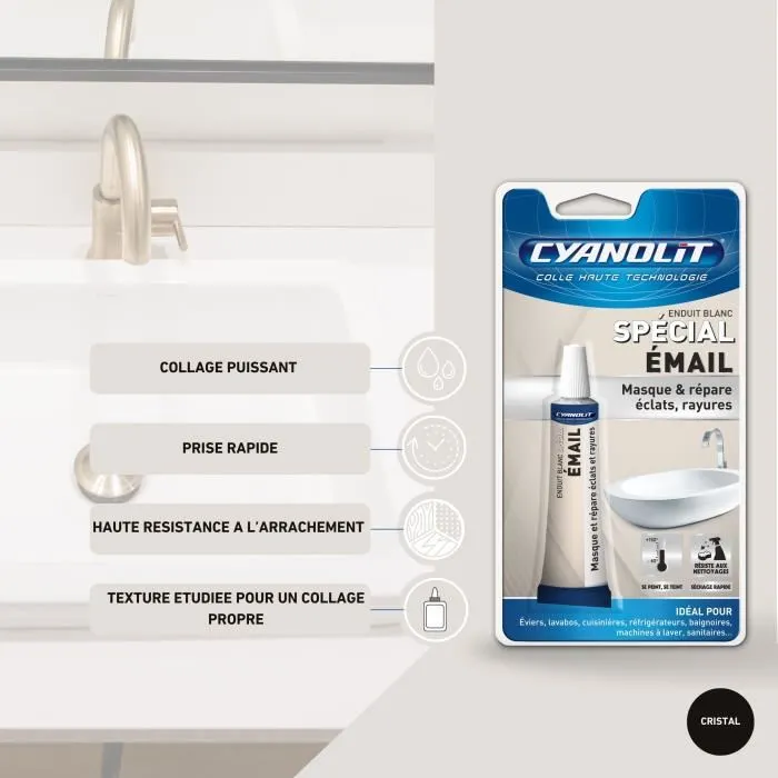 Cyanolit - Enduit spécial email réparation et finition - Pour éviers, baignoires, carrelage - Sèche en 24 h - Résistant - Flacon 15 ml