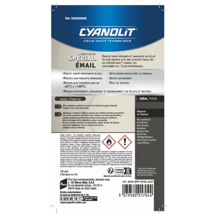 Cyanolit - Enduit spécial email réparation et finition - Pour éviers, baignoires, carrelage - Sèche en 24 h - Résistant - Flacon 15 ml
