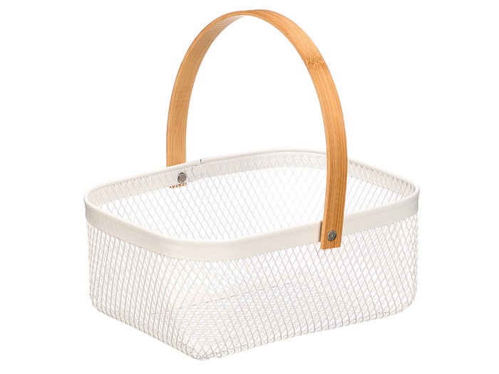 KINVARA Panier rectangulaire blanc avec poignée en bambou KINVARA Panier rectangulaire blanc avec poignée en bambou