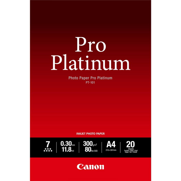 Canon Pro Platinum PT-101 Papier Photo A4 20 feuilles 300g/m² brillance Glossy Canon Pro Platinum PT-101 Papier Photo A4 20 feuilles 300g/m² brillance Glossy