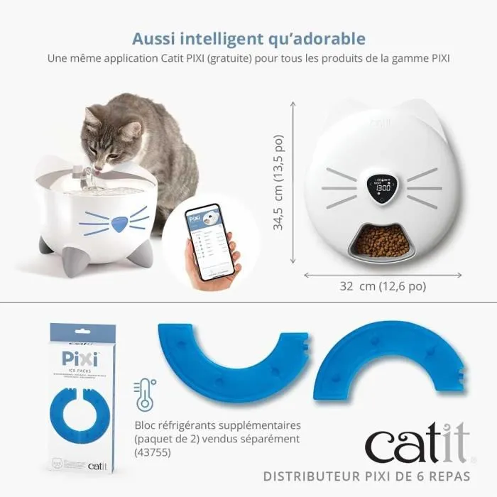 Catit PIXI SMART - Distributeur de nourriture connecté pour chat - 6 x 170 ml - Écran tactile LCD - Avec blocs réfrigérants