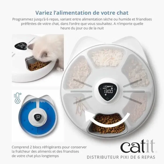 Catit PIXI SMART - Distributeur de nourriture connecté pour chat - 6 x 170 ml - Écran tactile LCD - Avec blocs réfrigérants