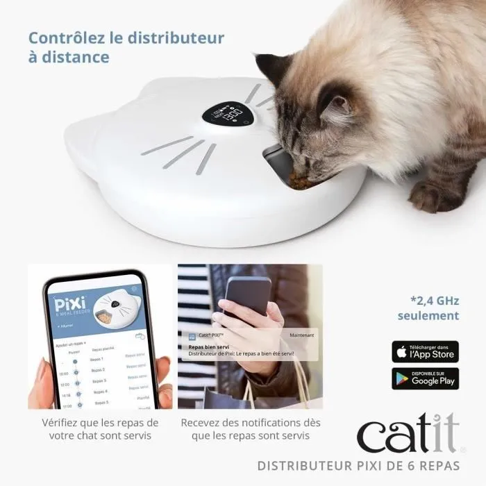 Catit PIXI SMART - Distributeur de nourriture connecté pour chat - 6 x 170 ml - Écran tactile LCD - Avec blocs réfrigérants