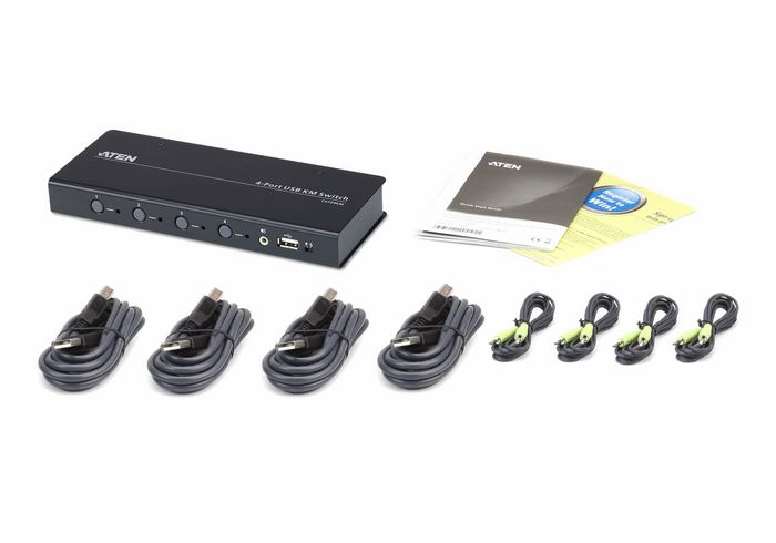 Aten CS724KM - Commutateur KVM USB 4 ports pour contrôler 4 PC avec 1 clavier/souris, câbles inclus, basculement sans limite