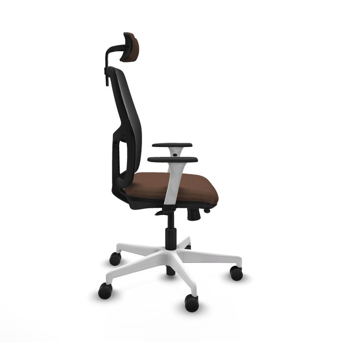 Chaise Alfera Synchrone/Traslack Maille/tissu Marron foncé Maille Noir Structure polyamide blanc Accoudoirs noirs et blancs Appui-tête 2D Roulettes 65mm nylon