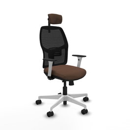 Chaise Alfera Synchrone/Traslack Maille/tissu Marron foncé Maille Noir Structure polyamide blanc Accoudoirs noirs et blancs Appui-tête 2D Roulettes 65mm nylon