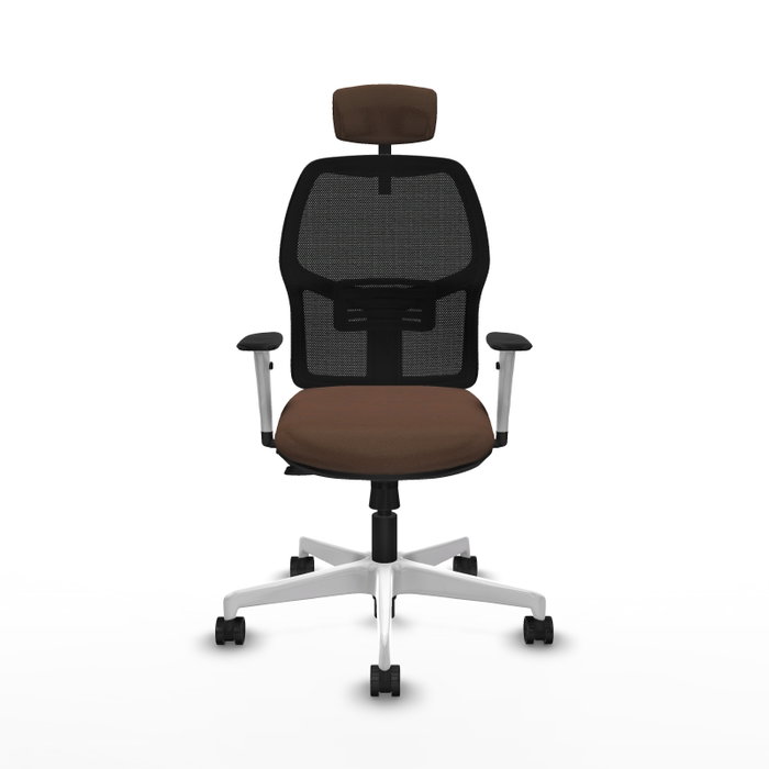 Chaise Alfera Synchrone/Traslack Maille/tissu Marron foncé Maille Noir Structure polyamide blanc Accoudoirs noirs et blancs Appui-tête 2D Roulettes 65mm nylon