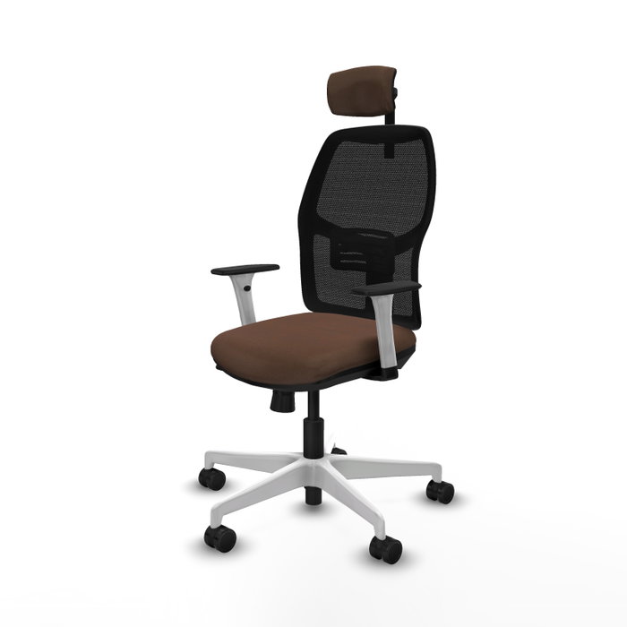 Chaise Alfera Synchrone/Traslack Maille/tissu Marron foncé Maille Noir Structure polyamide blanc Accoudoirs noirs et blancs Appui-tête 2D Roulettes 65mm nylon