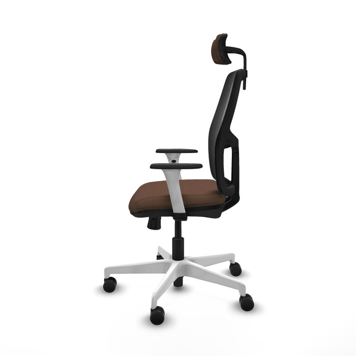 Chaise Alfera Synchrone/Traslack Maille/tissu Marron foncé Maille Noir Structure polyamide blanc Accoudoirs noirs et blancs Appui-tête 2D Roulettes 65mm nylon