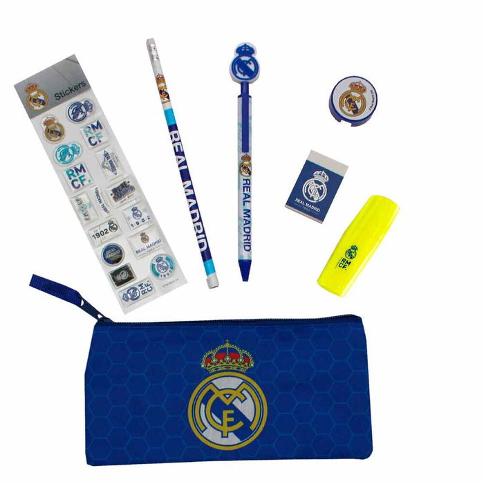 CYP BRANDS - Set de papeterie Real Madrid - 7 pièces - Porte-tout, stylo, crayon, gomme, taille-crayon, surligneur, autocollants